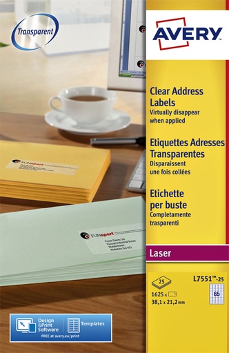 [817276] Etiquette Avery L7551-25 38,1x21,1mm transparent 1625 pièces