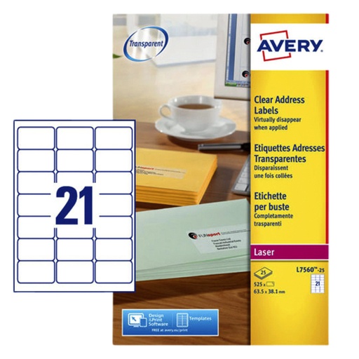[817458] Etiket Avery L7560-25 63.5x38.1mm transparant 525 stuks