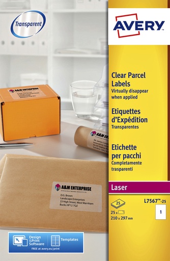 [817699] Etiket Avery L7567-25 210x297mm transparant 25 stuks