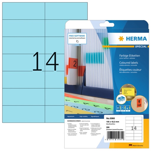 [817523] Etiket HERMA 5060 105x42.3mm verwijderbaar blauw 280 stuks