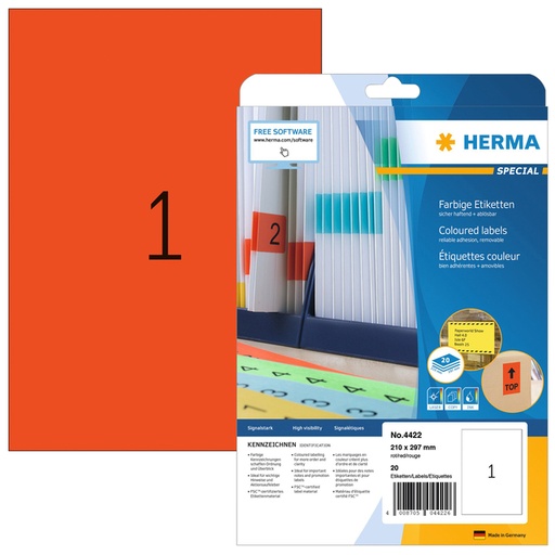 [817462] Etiket HERMA 4422 210x297mm A4 verwijderbaar rood 20 stuks