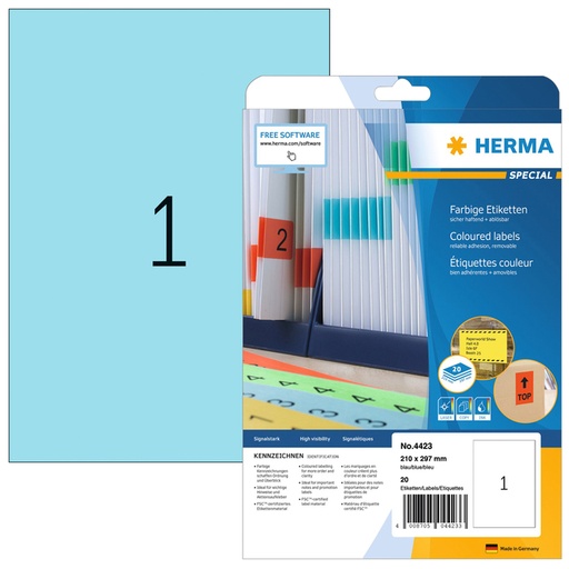 [817463] Etiquette amovible HERMA 4423 210x297mm A4 bleu 20 pièces