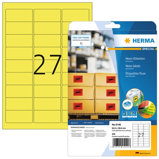 [817082] Etiket HERMA 5140 63.5x29.6mm neon geel 540 stuks