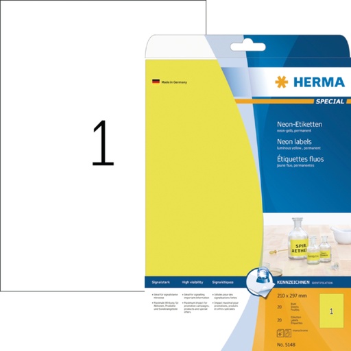 [817100] Etiket HERMA 5148 210x297mm A4 fluor geel 20stuks