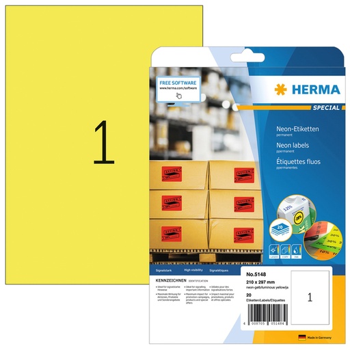 [817100] Etiquette HERMA 5148 210x297mm A4 jaune néon 20 pièces
