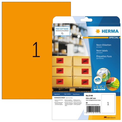[817101] Etiket HERMA 5149 210x297mm A4 fluor oranje 20stuks