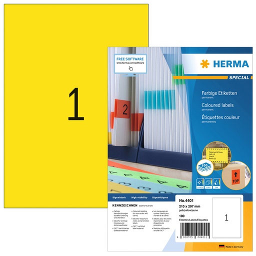 [817741] Etiket HERMA 4401 210x297mm A4 geel 100 stuks