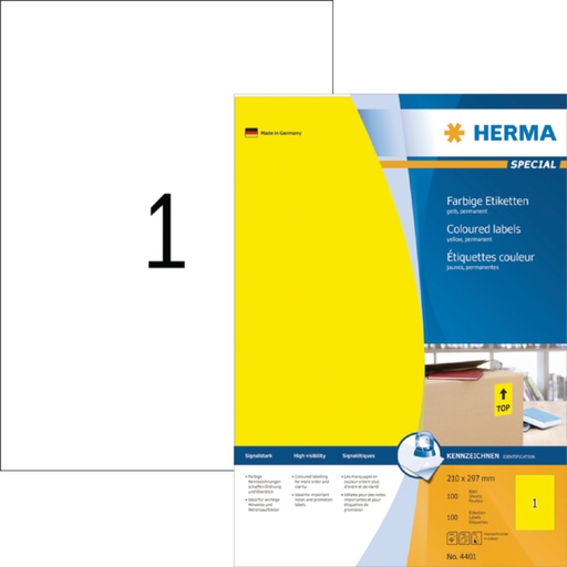 [817741] Etiquette HERMA 4401 210x297mm A4 jaune 100 pièces