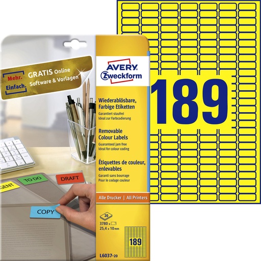 [811144] Etiket Avery Zweckform L6037-20 25.4x10mm geel 3780stuks
