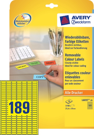 [811144] Etiquette Avery L6037-20 25,4x10mm jaune 3780 pièces