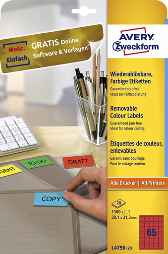 [811027] Etiquette Avery L4790-20 38,1x21,2mm rouge 1300 pièces