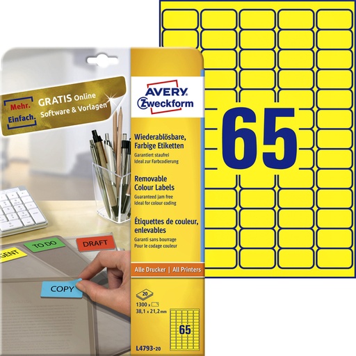 [811028] Etiquette Avery Zwecform L4793-20 38,1x21,2mm jaune 1300 pièces