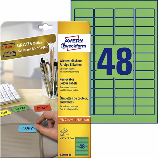 [811146] Etiquette Avery L6040-20 45,7x21,2mm vert 960 pièces