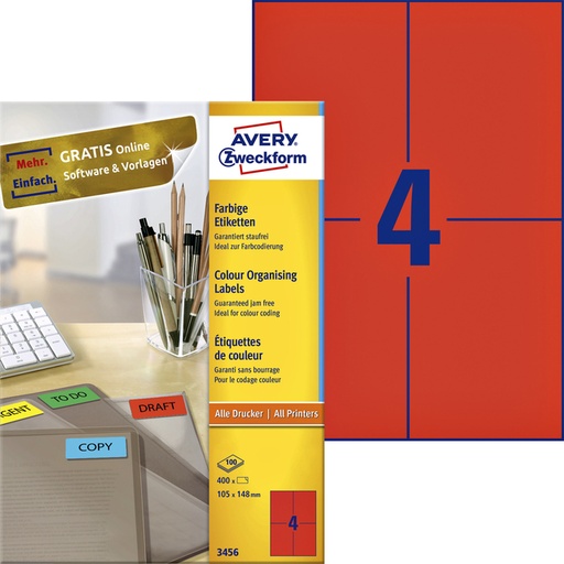 [817543] Etiket Avery 3456 105x148mm A6 rood 400 stuks