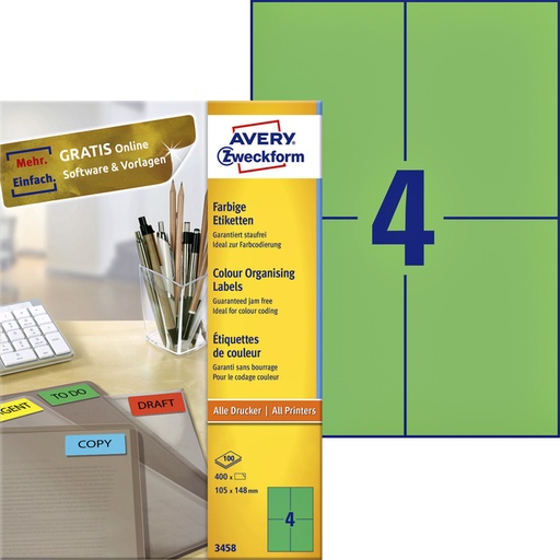 [817541] Etiket Avery 3458 105x148mm A6 groen 400 stuks