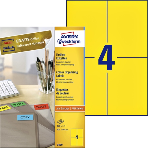 [817540] Etiquette Avery 3459 105x148mm A6 jaune 400 pièces