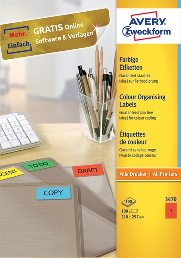 [811043] Etiquette Avery 3470 210x297mm A4 rouge 100 pièces