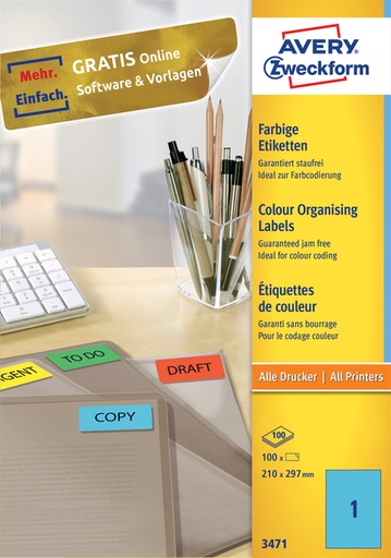 [811044] Etiquette Avery 3471 210x297mm A4 bleu 100 pièces