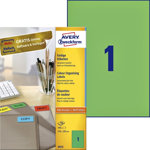 [811045] Etiket Avery Zweckform 3472 210x297mm A4 groen 100stuks
