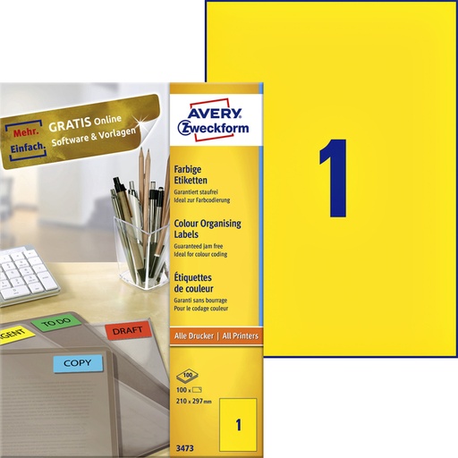 [811046] Etiket Avery Zweckform 3473 210x297mm A4 geel 100stuks