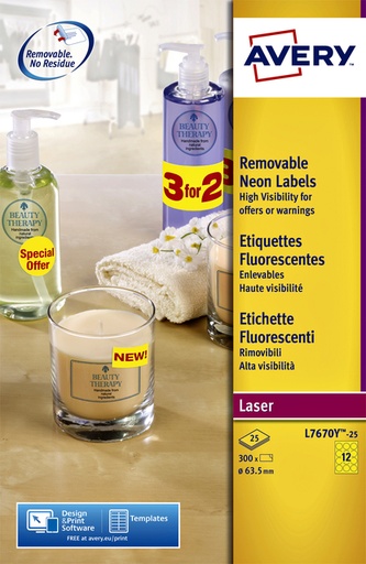 [817692] Etiquette Avery L7670-25 63,5mm ronde jaune néon 300 pièces