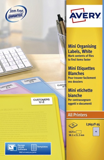 [817695] Etiquette Avery L7651Y-25 38,1x21,2mm jaune néon 1625 pièces