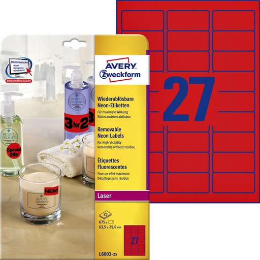 [811073] Etiket Avery L6003-25 63.5x29.6 neon rood 675 stuks