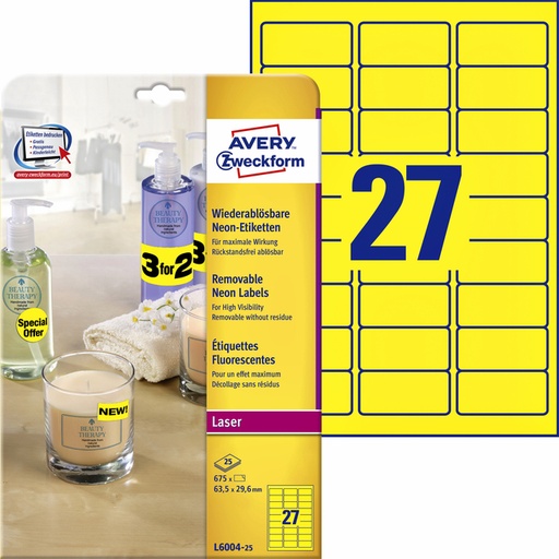 [811074] Etiket Avery L6004-25 63.5x29.6 neon geel 675 etiketten