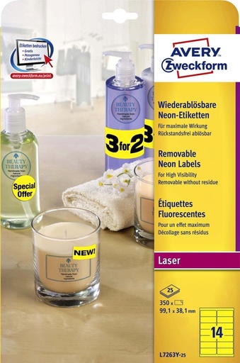 [817688] Etiket Avery L7263Y-25 99.1x38.1mm neon geel 350 etiketten