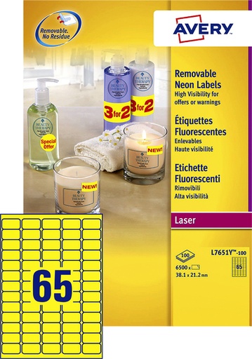 [817694] Etiquette Avery L7651Y-100 38,1x21,2mm jaune néon 6500 pièces