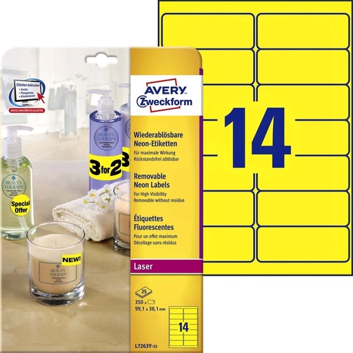 [817687] Etiquette Avery L7263Y-100 99,1x38,1mm jaune néon 1400 pièces