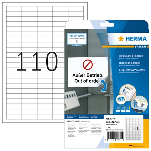 [817109] Etiket HERMA 4210 38.1x12.7mm verwijderbaar wit 2750 etiketten