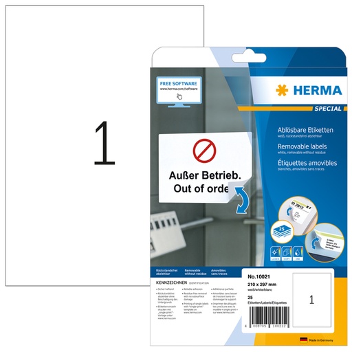 [816900] Etiquette amovible HERMA 10021 210x297mm A4 blanc 25 pièces