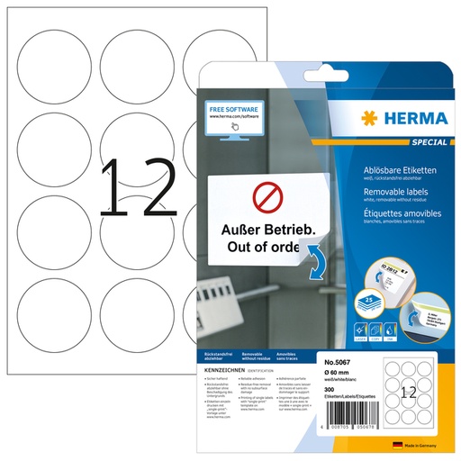 [817483] Etiquette amovible HERMA 5067 rond 60mm blanc 300 pièces