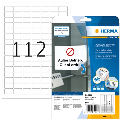 [817061] Etiket HERMA 4211 25.4x16.9mm verwijderbaar wit 2800 stuks