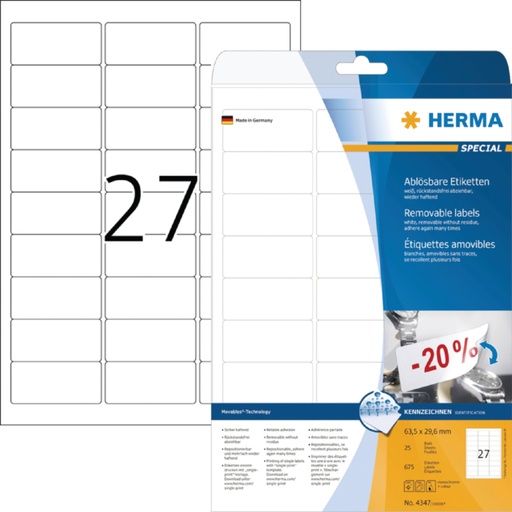 [817072] Etiket HERMA 4347 63.5x29.6mm verwijderbaar wit 675 etiketten