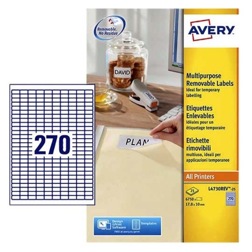 [817007] Etiket Avery L4730REV-25 17.8x10mm wit 6750 stuks