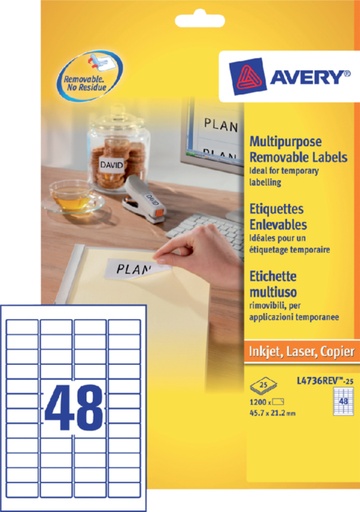 [817067] Etiket Avery L4736REV-25 45.7x21.2mm afneembaar wit 1200stuk