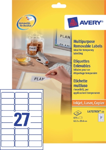 [817068] Etiket Avery L4737REV-25 63.5x29.6mm afneembaar wit 675stuks