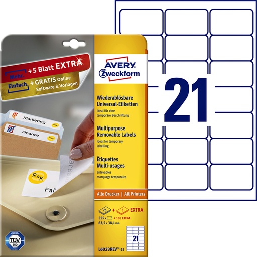 [817512] Etiket Avery L6023REV-25 63.5x38.1mm afneembaar wit 525 stuks