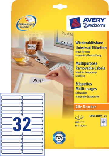 [811142] Etiket Avery Zweckform L6031REV-25 96x16.9mm afneembaar wit 800stuks