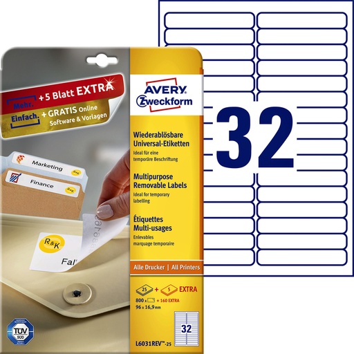 [811142] Etiquette Avery Zweckform L6031REV-25 96x16,9mm amovible 800 pièces