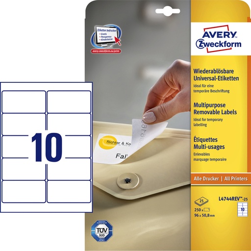 [817536] Etiquette Avery Zweckform L4744REV-25 96x50,8mm amovible blanc 250 pcs