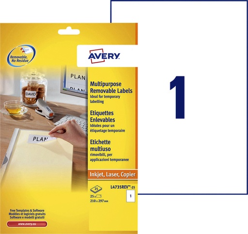 [817070] Etiket Avery L4735REV-25 210x297mm A4 wit 25 etiketten