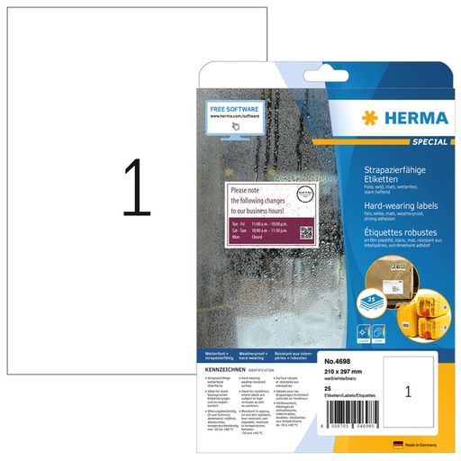 [817295] Etiquette HERMA 4698 210x297mm A4 blanc 25 pièces