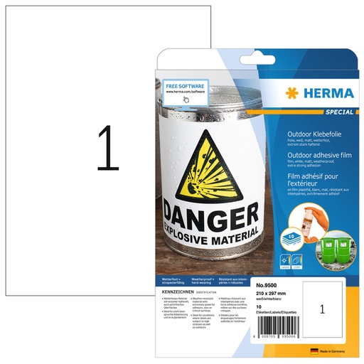 [810912] Etiquette film HERMA 9500 210x297mm A4 blanc 10 pièces