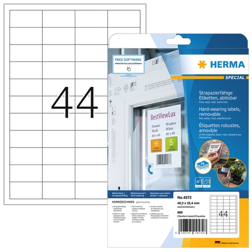 [810989] Etiquette HERMA 4572 48,3x25,4mm film blanc 880 pièces