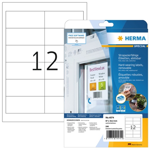[810991] Etiquette HERMA 4574 97x42,3mm film blanc 240 pièces