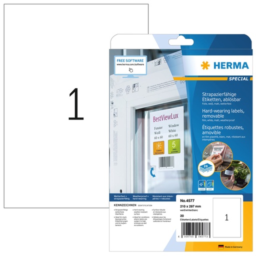 [810994] Etiket HERMA 4577 210x297mm folie wit 20 etiketten