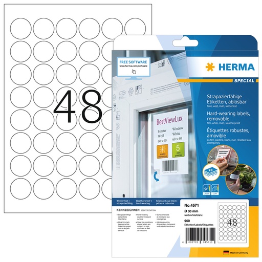 [810995] Etiket HERMA 4571 30mm rond folie wit 960 etiketten